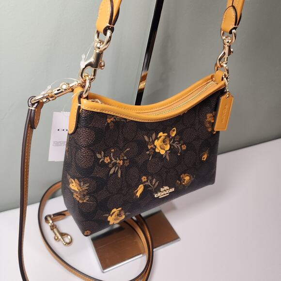 NWT Coach CCF17 Laurel Small Shoulder Signature Canvas Floral Walnut/Yellow V3 - Picture 2 of 5
